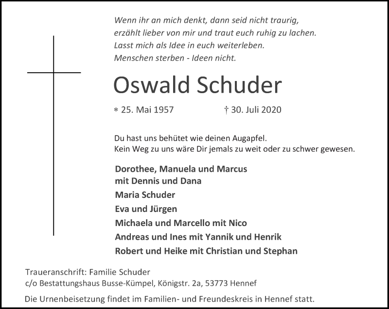  Traueranzeige für Oswald Schuder vom 05.08.2020 aus saarbruecker_zeitung