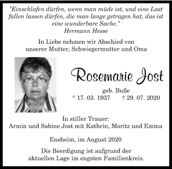 Traueranzeige von Rosemarie Jost von saarbruecker_zeitung