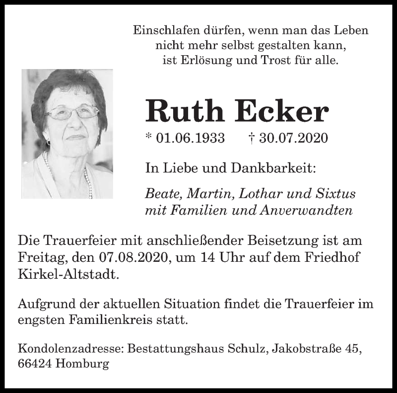  Traueranzeige für Ruth Ecker vom 05.08.2020 aus saarbruecker_zeitung