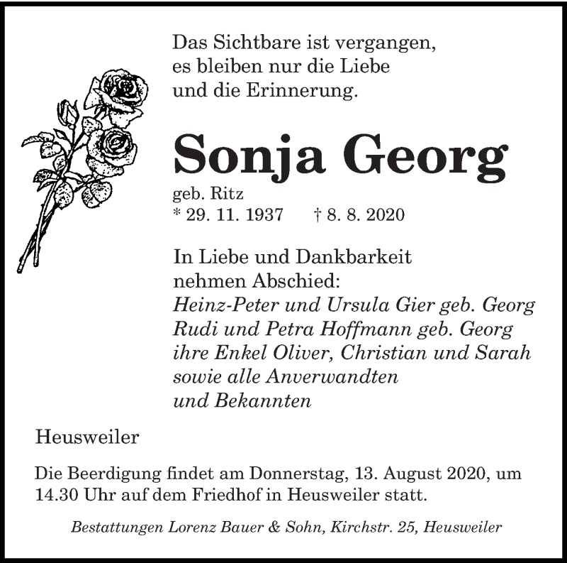  Traueranzeige für Sonja Georg vom 11.08.2020 aus saarbruecker_zeitung