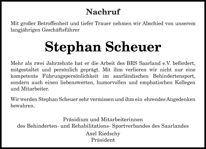  Traueranzeige für Stephan Scheuer vom 12.08.2020 aus saarbruecker_zeitung