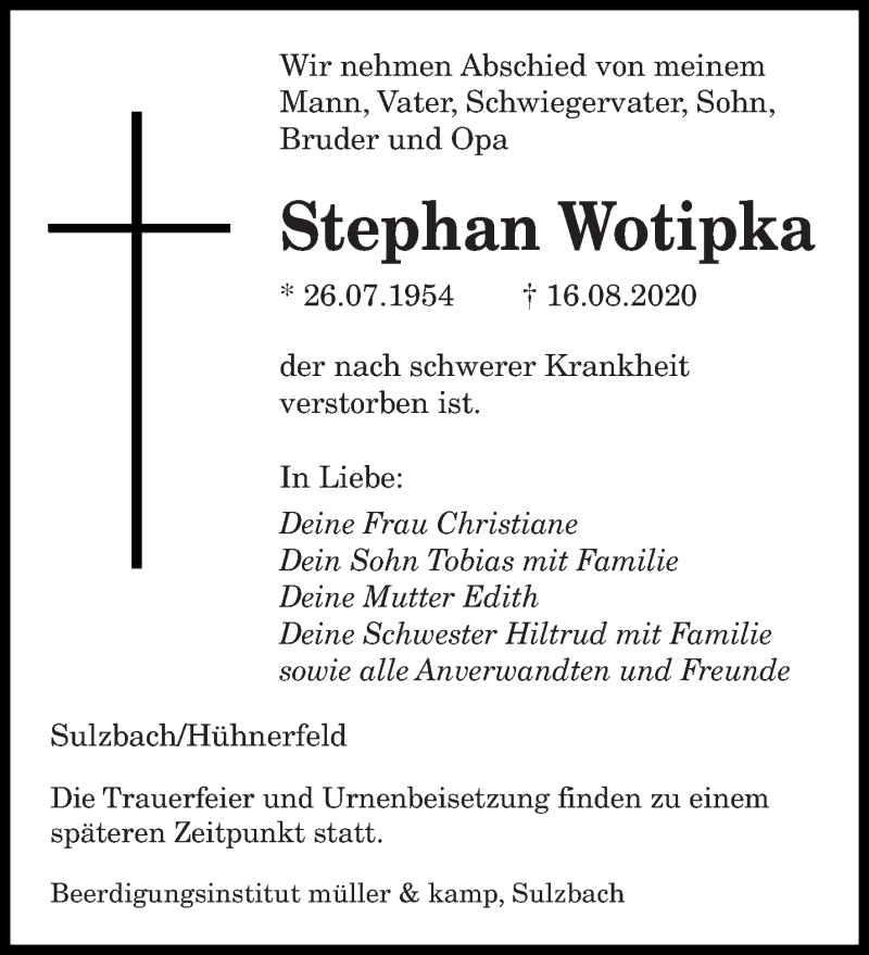  Traueranzeige für Stephan Wotipka vom 17.08.2020 aus saarbruecker_zeitung