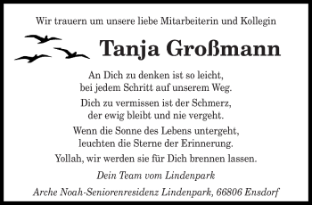 Traueranzeige von Tanja Großmann von saarbruecker_zeitung