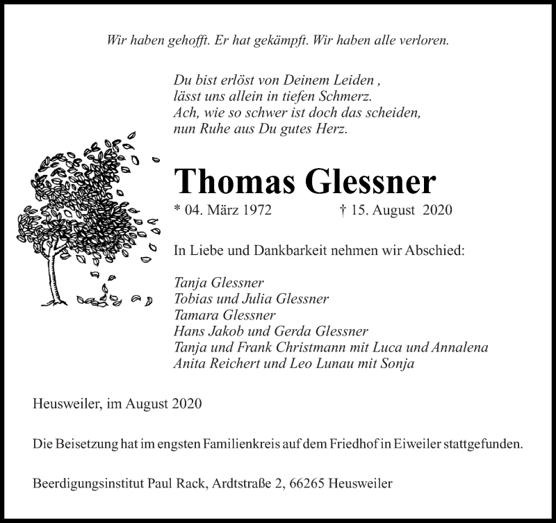 Traueranzeige für Thomas Glessner vom 29.08.2020 aus saarbruecker_zeitung