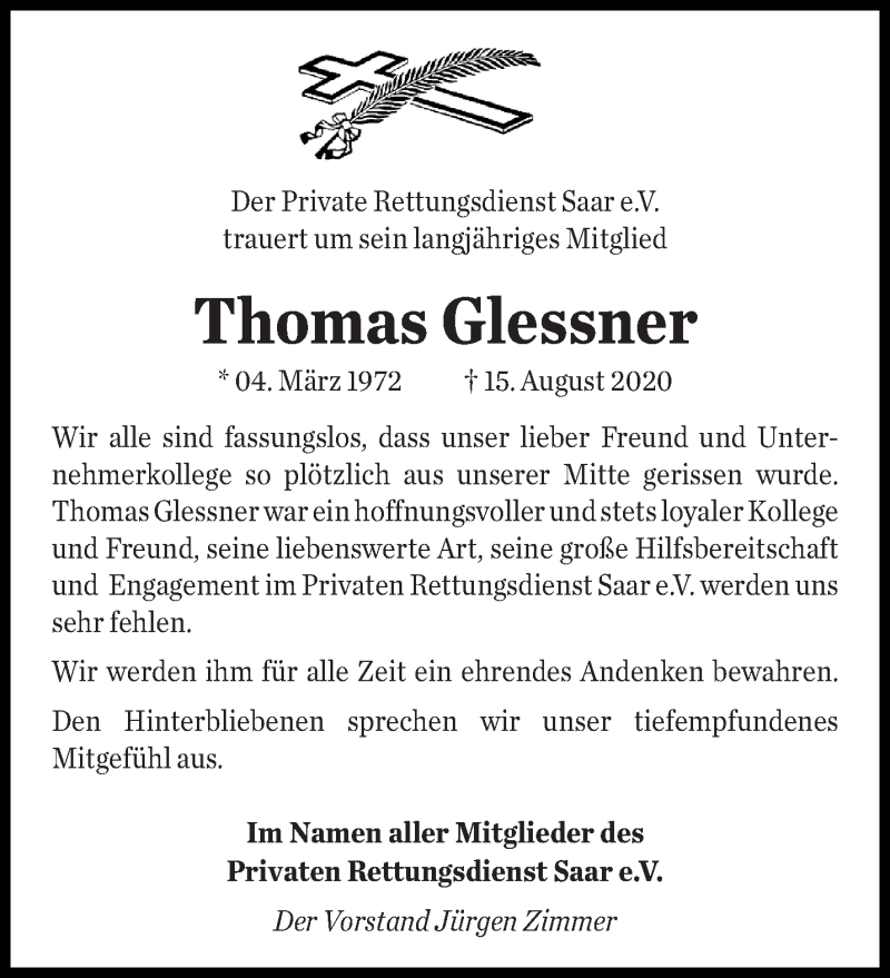  Traueranzeige für Thomas Glessner vom 29.08.2020 aus saarbruecker_zeitung