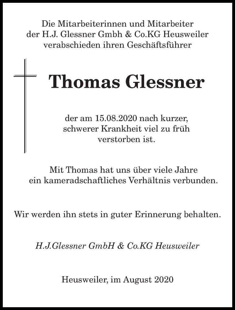  Traueranzeige für Thomas Glessner vom 29.08.2020 aus saarbruecker_zeitung