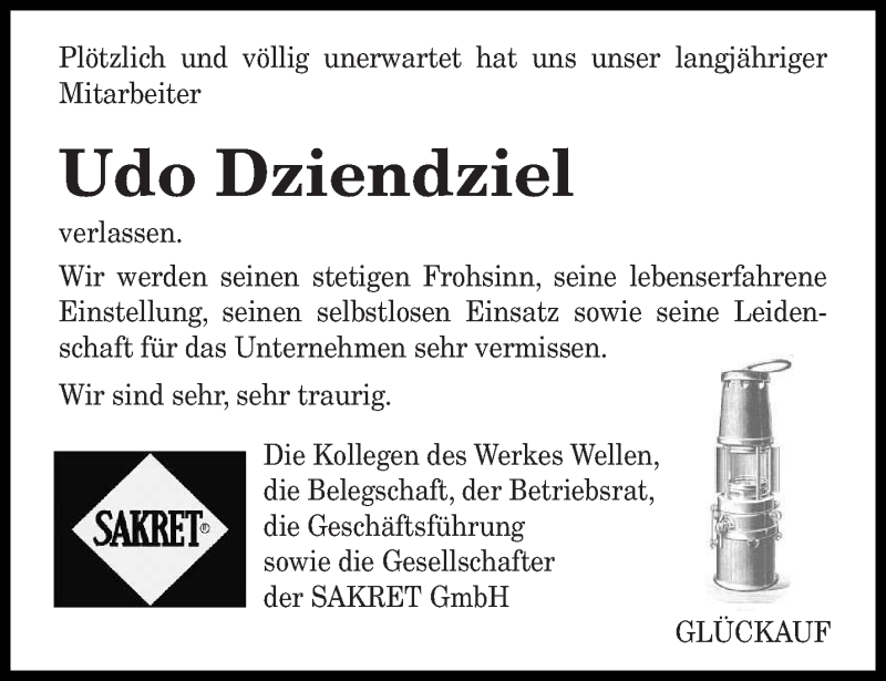  Traueranzeige für Udo Dziendziel vom 28.08.2020 aus saarbruecker_zeitung