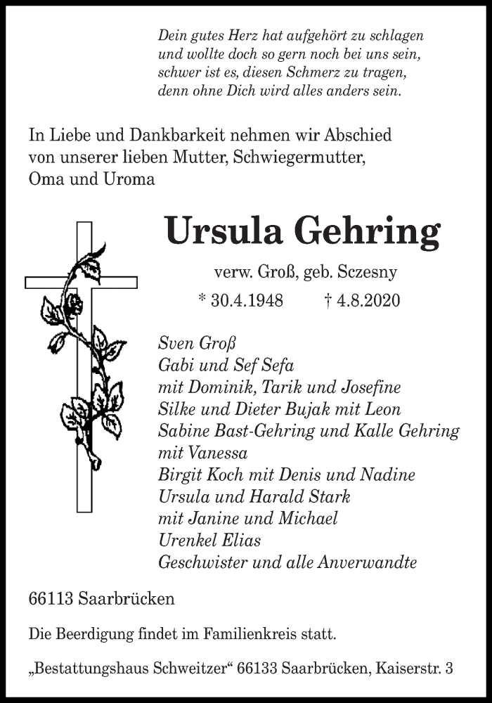  Traueranzeige für Ursula Gehring vom 06.08.2020 aus saarbruecker_zeitung