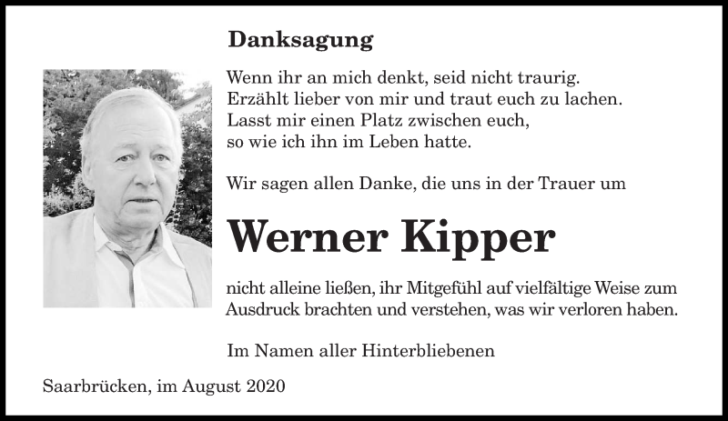  Traueranzeige für Werner Kipper vom 29.08.2020 aus saarbruecker_zeitung