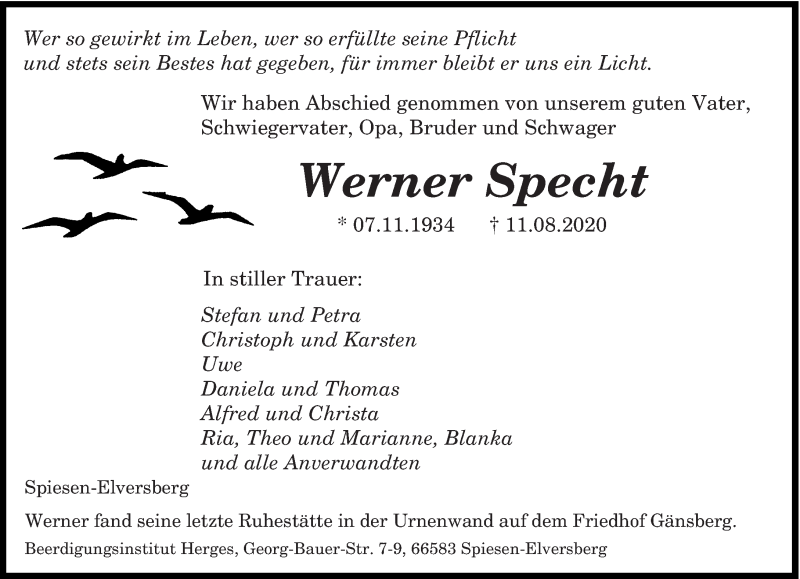  Traueranzeige für Werner Specht vom 20.08.2020 aus saarbruecker_zeitung