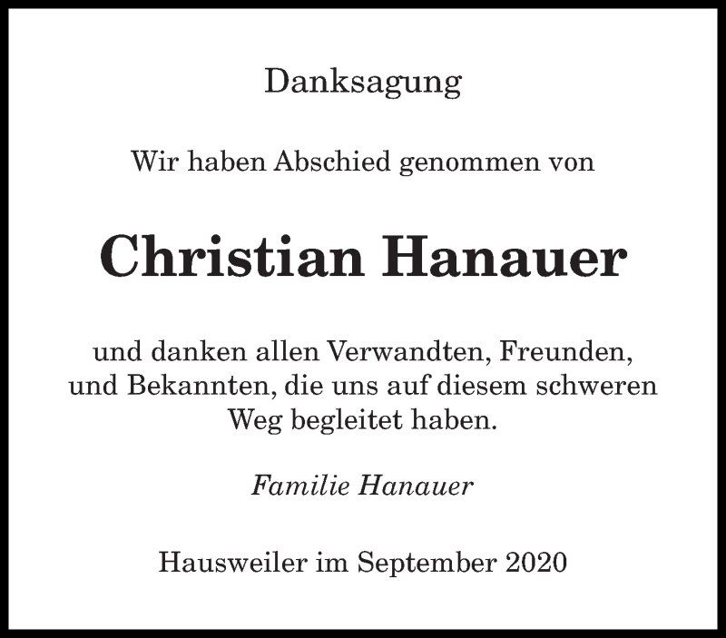  Traueranzeige für Christian Hanauer vom 05.09.2020 aus saarbruecker_zeitung
