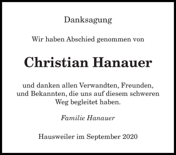 Traueranzeige von Christian Hanauer von saarbruecker_zeitung