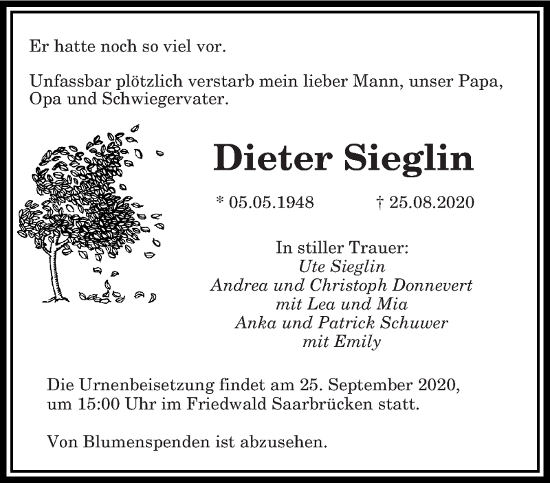  Traueranzeige für Dieter Sieglin vom 12.09.2020 aus saarbruecker_zeitung