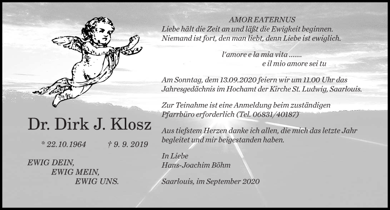  Traueranzeige für Dirk J. Klosz vom 05.09.2020 aus saarbruecker_zeitung