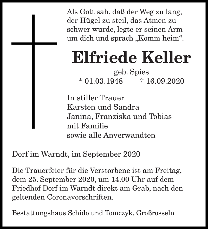  Traueranzeige für Elfriede Keller vom 19.09.2020 aus saarbruecker_zeitung
