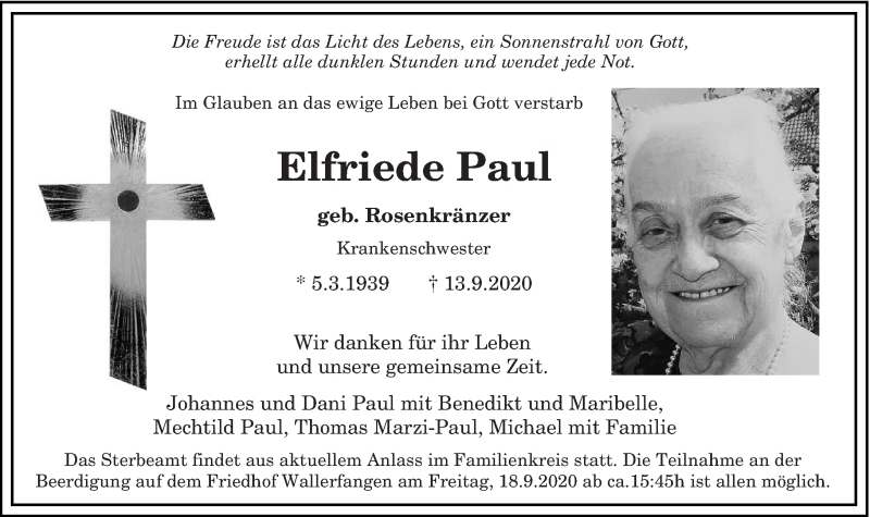  Traueranzeige für Elfriede Paul vom 16.09.2020 aus saarbruecker_zeitung