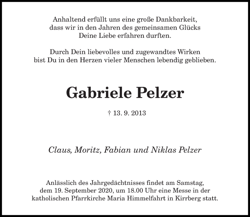 Traueranzeige für Gabriele Pelzer vom 12.09.2020 aus saarbruecker_zeitung