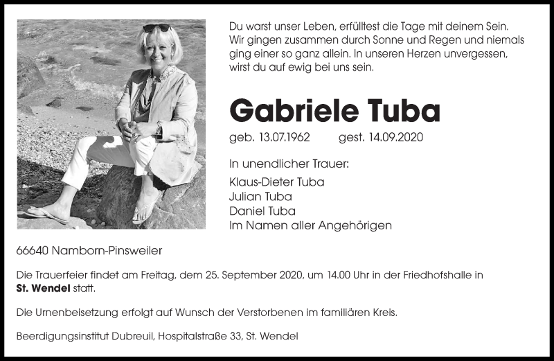  Traueranzeige für Gabriele Tuba vom 19.09.2020 aus saarbruecker_zeitung