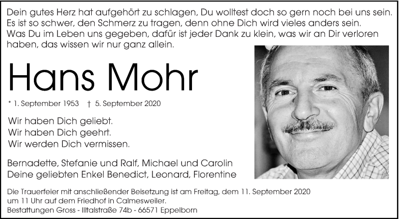  Traueranzeige für Hans Mohr vom 09.09.2020 aus saarbruecker_zeitung