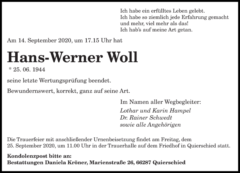  Traueranzeige für Hans-Werner Woll vom 19.09.2020 aus saarbruecker_zeitung