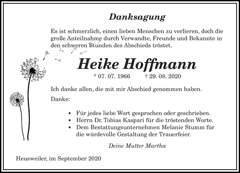  Traueranzeige für Heike Hoffmann vom 26.09.2020 aus saarbruecker_zeitung