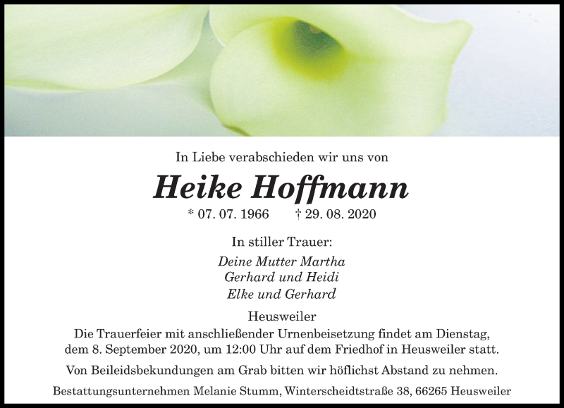  Traueranzeige für Heike Hoffmann vom 05.09.2020 aus saarbruecker_zeitung