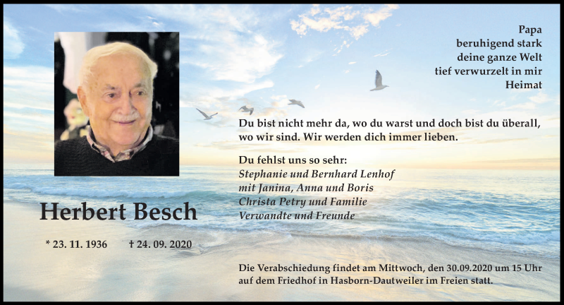  Traueranzeige für Herbert Besch vom 28.09.2020 aus saarbruecker_zeitung