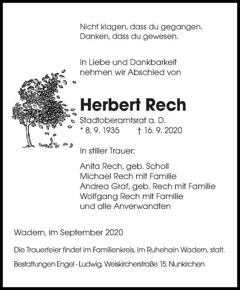  Traueranzeige für Herbert Rech vom 19.09.2020 aus saarbruecker_zeitung