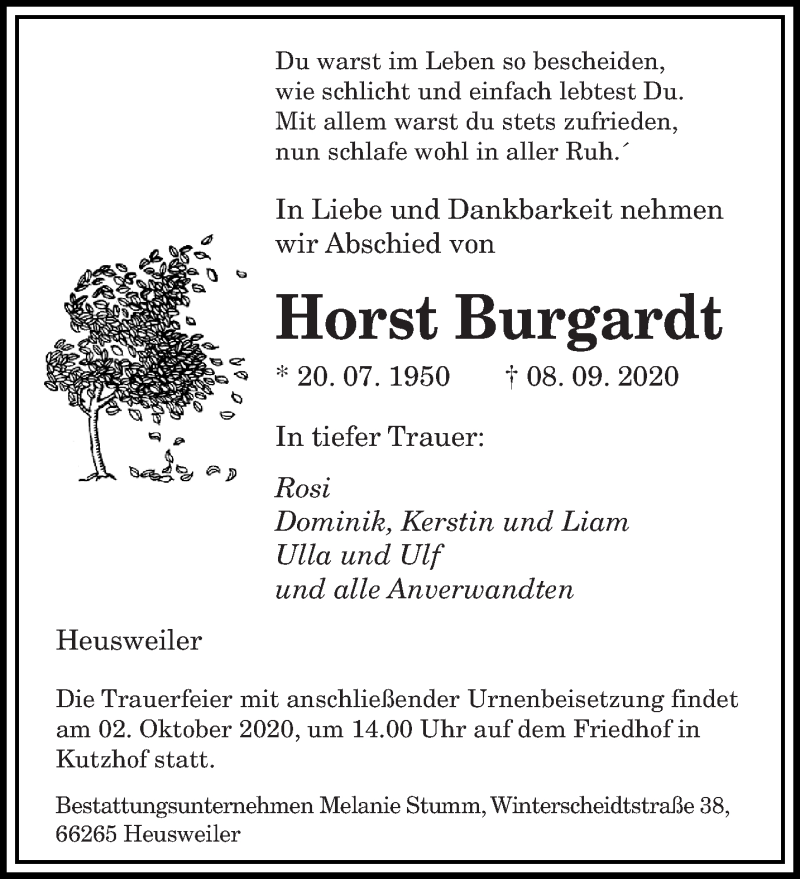  Traueranzeige für Horst Burgardt vom 26.09.2020 aus saarbruecker_zeitung