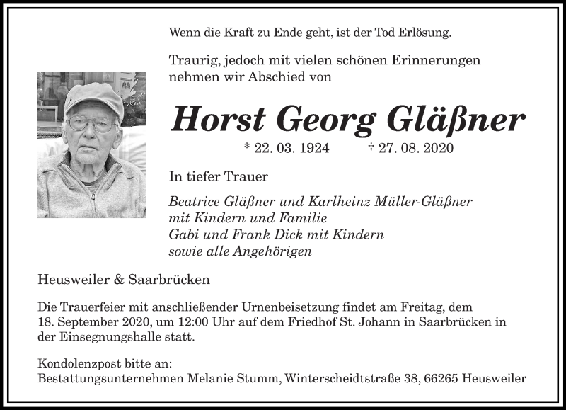  Traueranzeige für Horst Georg Gläßner vom 12.09.2020 aus saarbruecker_zeitung