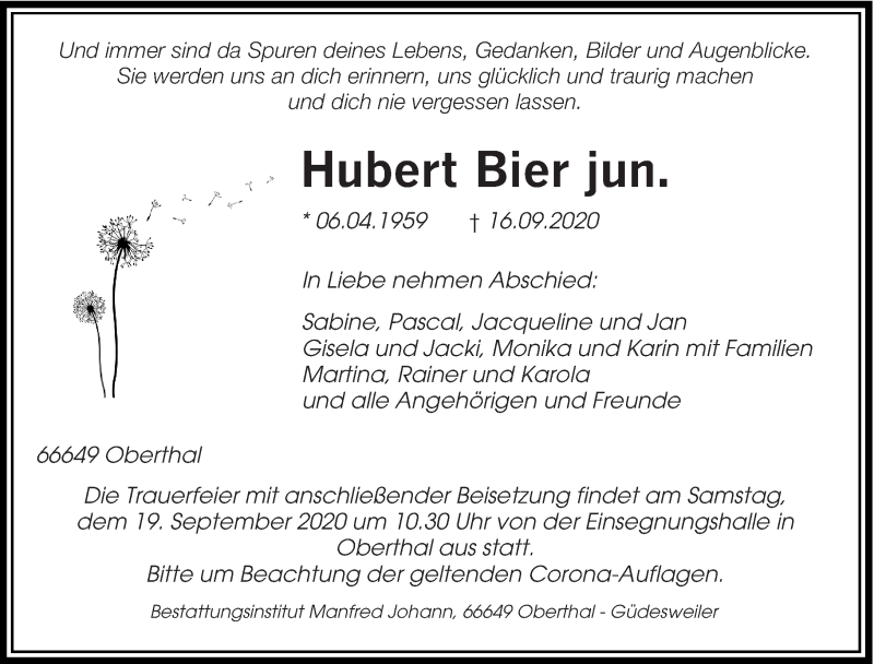  Traueranzeige für Hubert Bier vom 18.09.2020 aus saarbruecker_zeitung