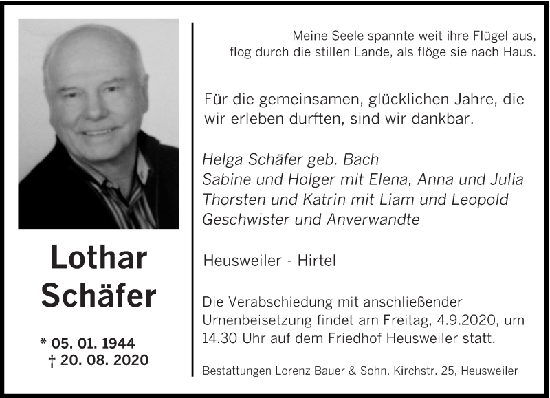 Traueranzeige für Lothar Schäfer vom 01.09.2020 aus saarbruecker_zeitung