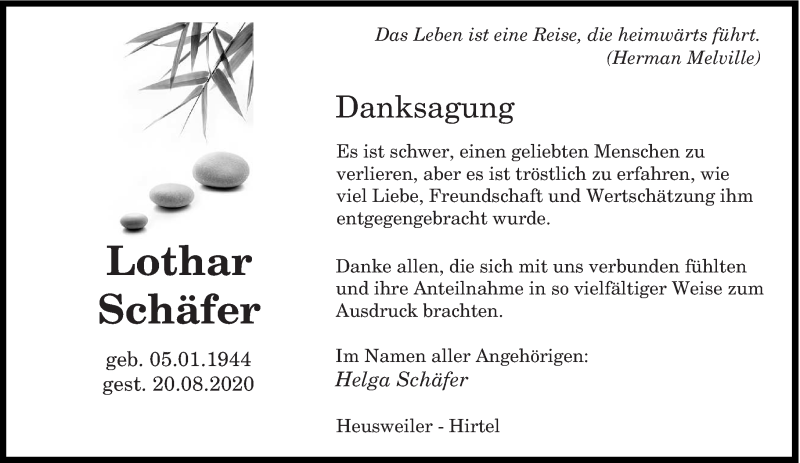  Traueranzeige für Lothar Schäfer vom 19.09.2020 aus saarbruecker_zeitung