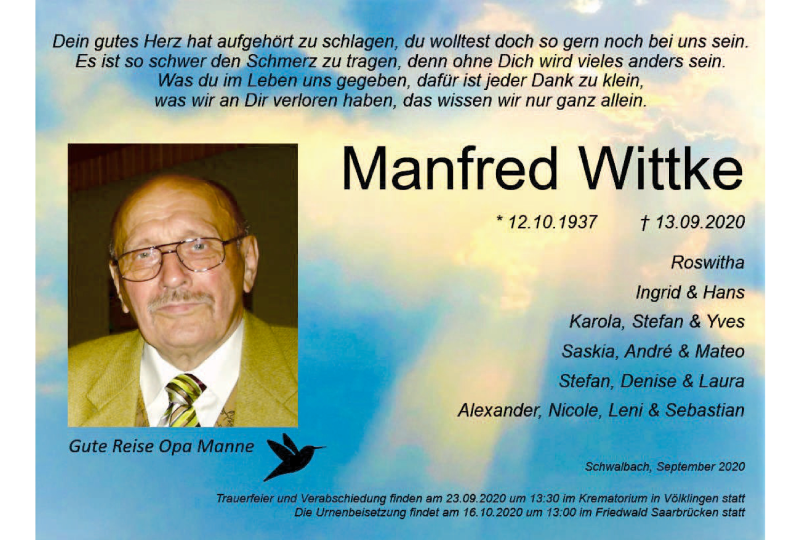  Traueranzeige für Manfred Wittke vom 21.09.2020 aus saarbruecker_zeitung