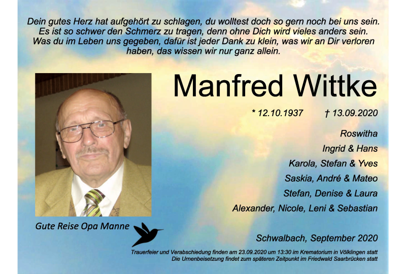  Traueranzeige für Manfred Wittke vom 19.09.2020 aus saarbruecker_zeitung