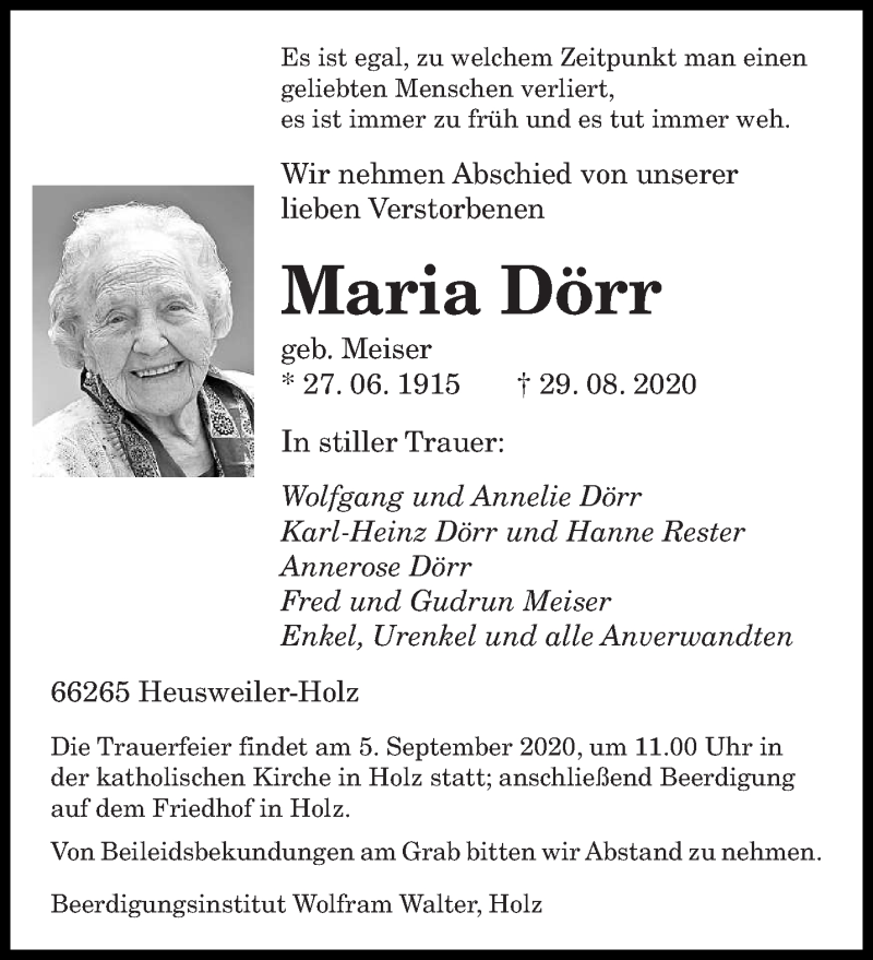  Traueranzeige für Maria Dörr vom 02.09.2020 aus saarbruecker_zeitung