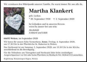 Traueranzeige von Martha Klankert von saarbruecker_zeitung