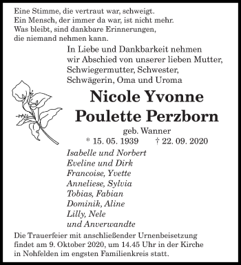 Traueranzeige von Nicole Yvonne Poulette Perzborn von saarbruecker_zeitung