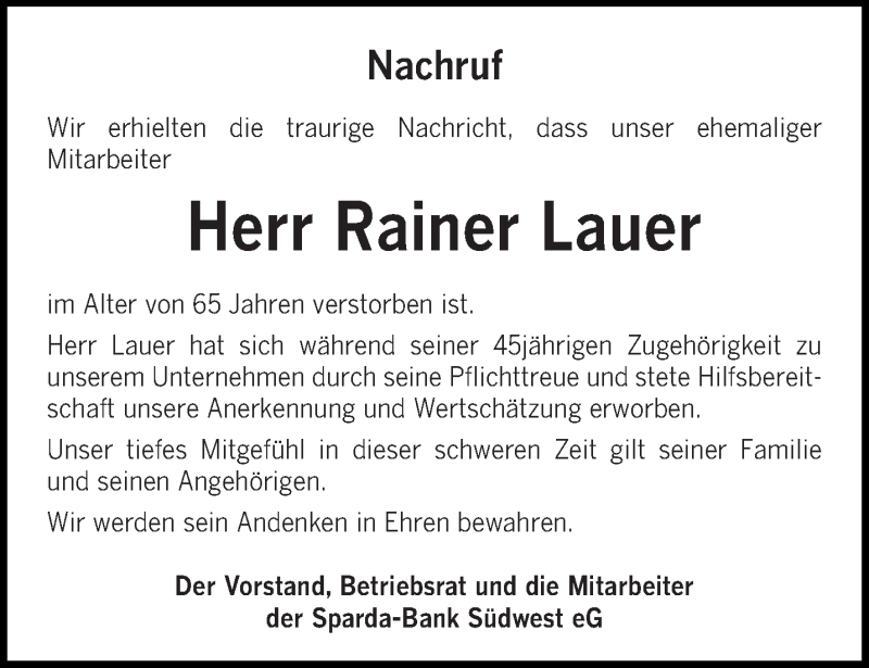  Traueranzeige für Rainer Lauer vom 05.09.2020 aus saarbruecker_zeitung
