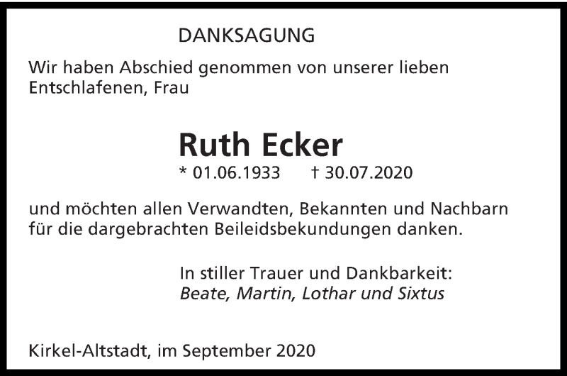  Traueranzeige für Ruth Ecker vom 05.09.2020 aus saarbruecker_zeitung
