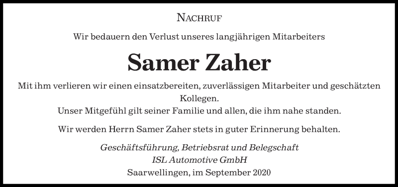  Traueranzeige für Samer Zaher vom 05.09.2020 aus saarbruecker_zeitung