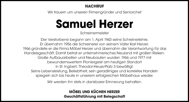  Traueranzeige für Samuel Herzer vom 16.09.2020 aus saarbruecker_zeitung