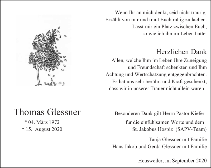  Traueranzeige für Thomas Glessner vom 12.09.2020 aus saarbruecker_zeitung