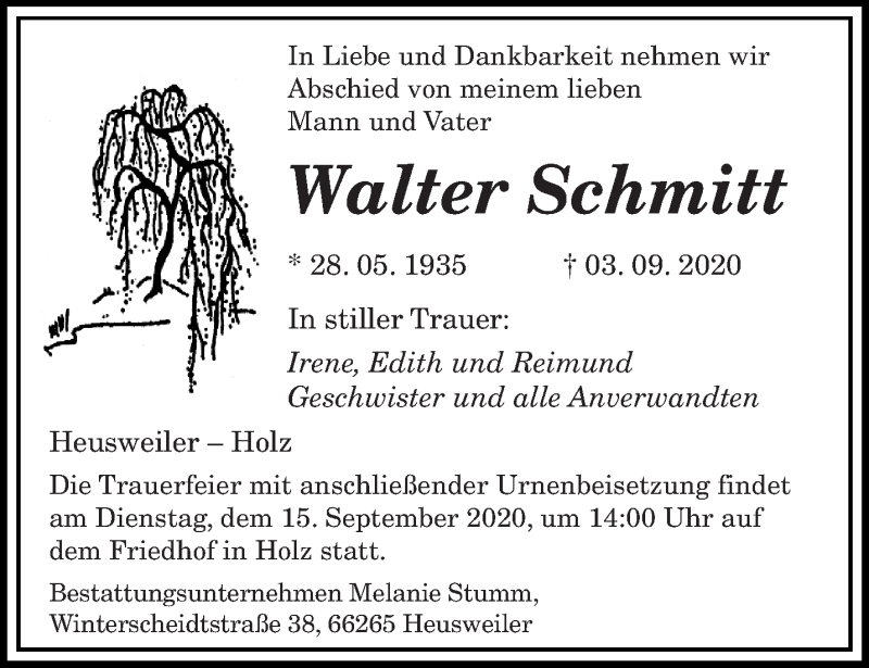  Traueranzeige für Walter Schmitt vom 12.09.2020 aus saarbruecker_zeitung