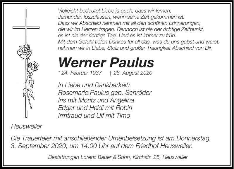  Traueranzeige für Werner Paulus vom 01.09.2020 aus saarbruecker_zeitung