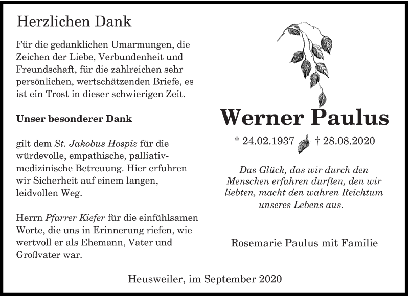  Traueranzeige für Werner Paulus vom 12.09.2020 aus saarbruecker_zeitung