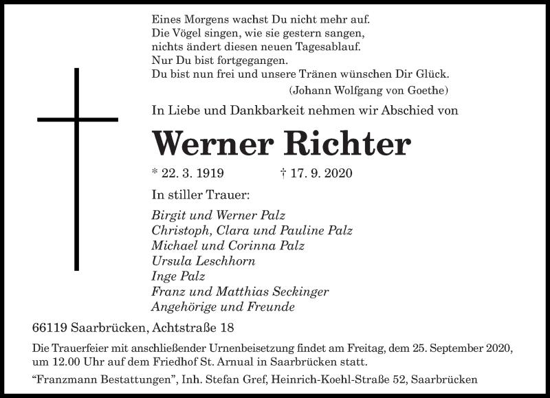  Traueranzeige für Werner Richter vom 19.09.2020 aus saarbruecker_zeitung