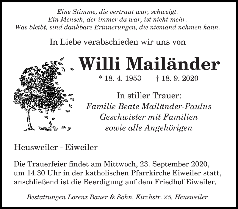  Traueranzeige für Willi Mailänder vom 22.09.2020 aus saarbruecker_zeitung