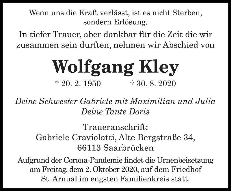 Traueranzeigen von Wolfgang Kley | Saarbruecker-Zeitung.Trauer.de