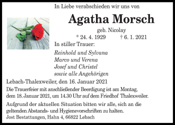 Traueranzeige von Agatha Morsch von saarbruecker_zeitung